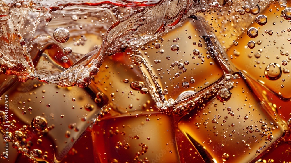 Aufkleber Cola with Ice Close up of the ice cubes in cola water Texture of carbonate drink with bubbles in glass Cola soda and ice splashing fizzing or floating up to top of surface Cold drink b : Generative AI