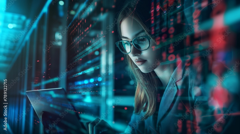 Aufkleber A female engineer is focused on solving technical problems and ensuring the optimal functioning of the computer infrastructure in the data center. Futuristic effect on clear glass