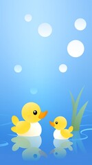 Fototapeta na wymiar A baby duck waddling after its mother in a sparkling pond cartoon, animation 2D flat design