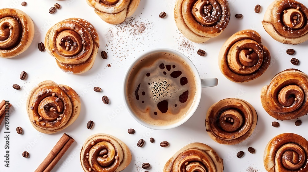 Poster creative layout made of cinnamon buns and cup of coffee on the white background flat lay food concep