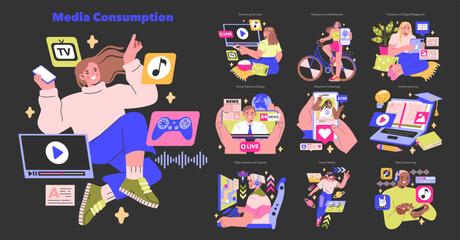 Media Consumption set Interacting with varied digital channels Insight into contemporary habits across devices Exploring multimedia learning and entertainment Vector illustration