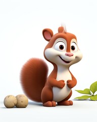 A curious squirrel with a fluffy tail inspecting a forgotten acorn cartoon, animation 3D flat design