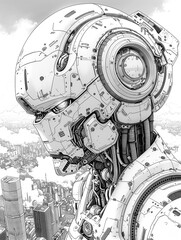 Awesome Robot in the future world. Coloring page book for kids and everyone.