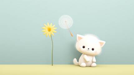 A fluffy kitten batting at a gently floating dandelion cartoon, animation 3D flat design