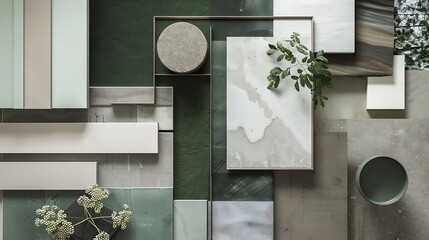 Creative flat lay composition of interior designer moodboard with textile and paint samples panels and cement tiles Beige grey and green color palette Copy space Template : Generative AI