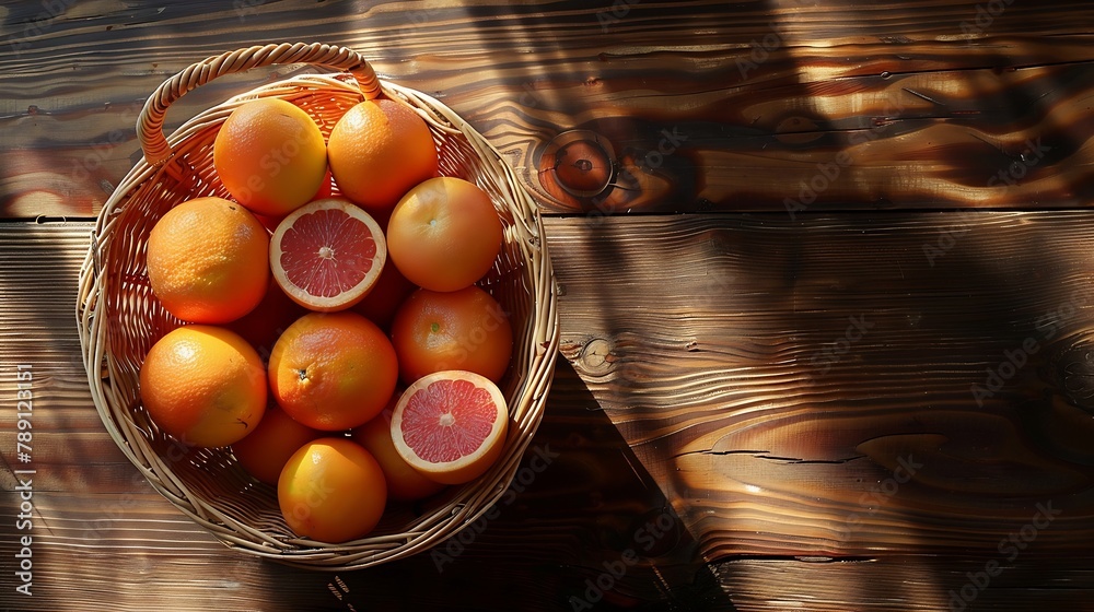 Poster wicker basket with fresh grapefruits on wooden table flat lay : generative ai