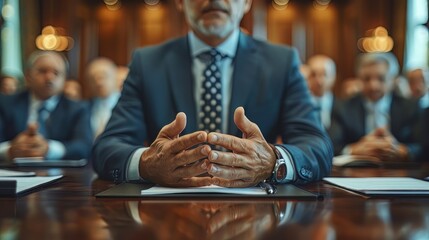 Hands of a businessman giving an explanation at a meeting - obrazy, fototapety, plakaty