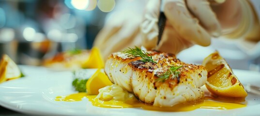 Gourmet chef cooking grilled fish filet in butter lemon or cajun sauce with herbs and garnish