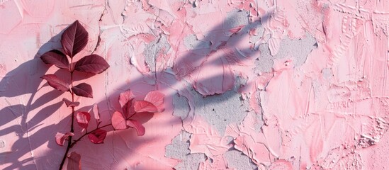 Rose leaf shadows on textured pink concrete wall with roughness and imperfections. Modern abstract nature-themed background in trendy colors. Space for adding text, suitable for posters and mockups. - obrazy, fototapety, plakaty