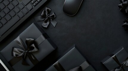 Black friday concept Top view photo of black gift boxes with ribbon bows paper bags smartphone computer mouse and keyboard on isolated black background with empty space in the middle : Generative AI