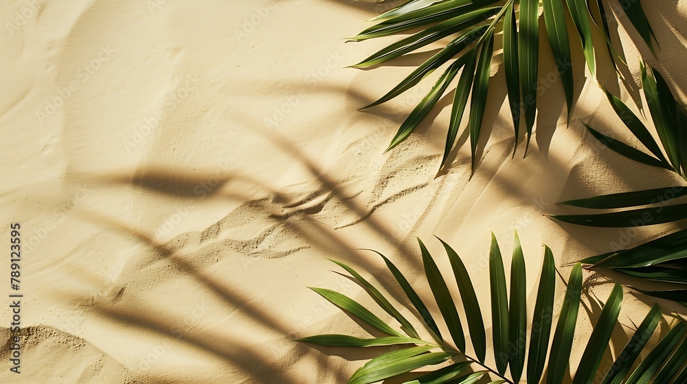 Aufkleber top view of green tropical leaf shadow on sand color background flat lay minimal summer concept with
