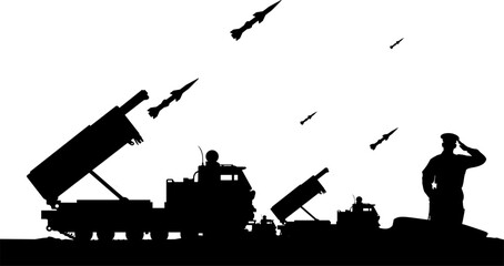 Vektor Silhouette Flugabwehr - Raketensystem - Feuerleitstand zur Abwehr von Raketen, Drohnen, Flugzeugen, Marschflugkörpern und ballistischen Raketen - Salutierender Soldat - obrazy, fototapety, plakaty