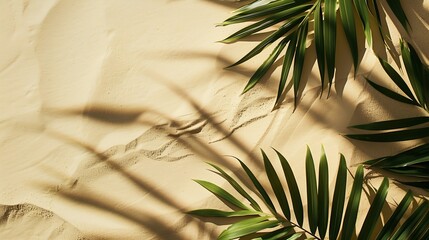 Top view of green tropical leaf shadow on sand color background Flat lay Minimal summer concept with palm tree leaf Creative copyspace : Generative AI