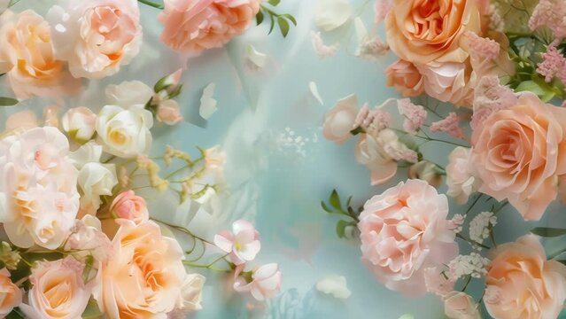 Soft and dreamy flower bouquets in shades of peach lilac and mint spread across a light blue background creating a calming and ethereal atmosphere.