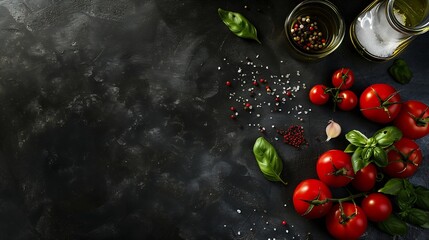Black cooking background with useful cooking italian Mediterranean ingredients  tomatoes basil leaves greens olive oil salt pepper garlic flat lay black concrete table top view copy sp : Generative AI - obrazy, fototapety, plakaty