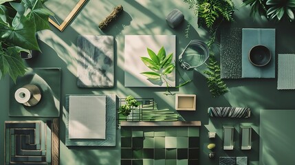 Stylish flat lay composition of creative architect moodboard design with samples of building textile and natural materials and personal accessories Top view green background template : Generative AI