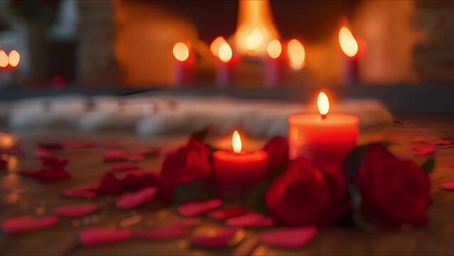 Candlelit Romance: Roses & Warmth for Valentine's. Concept Valentine's Day, Romantic Atmosphere, Candlelit Dinner, Flowers, Warmth