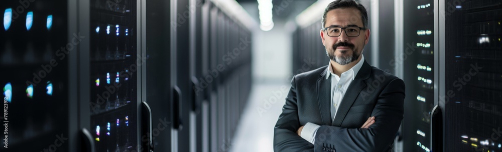 Aufkleber An entrepreneur analyst in a data center uses their skills to identify and analyze key performance indicators and data security, facilitating informed strategic decision-making. Banner