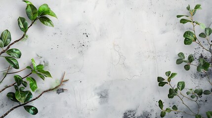 Two tree branches with green leaves at the edges on a concrete table Old white and gray concrete background Advertising board poster mockup for your design Flat lay top view copy space : Generative AI - Powered by Adobe