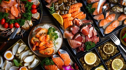 Fish and meat meals variety flat lay Top view on buffet with assortment of healthy hearty food Buffet banquet appetizer restaurant menu concept : Generative AI