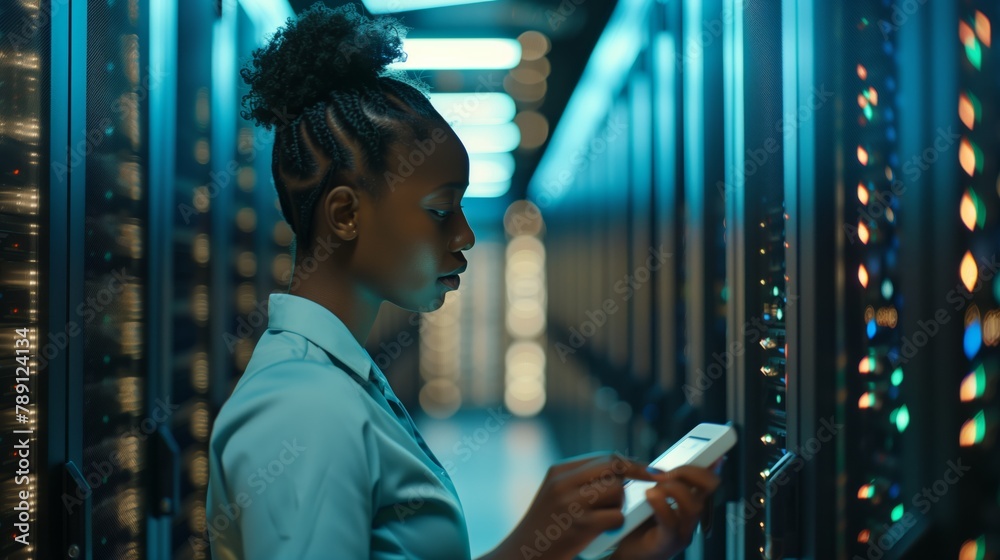 Aufkleber A female engineer at a data center focuses on improving software to increase the security of data on the Internet and store it efficiently in cloud storage.