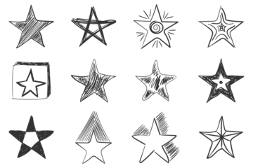 PNG, Hand Drawn star doodles set. Sketch style icons. Set of black handmade stars in doodle style on a white background.