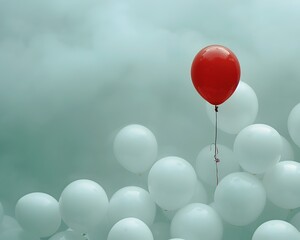 Vibrant Red Balloon Standing Out Among Pale White Balloons in Misty Morning Setting Highlighting Leadership and Solitude