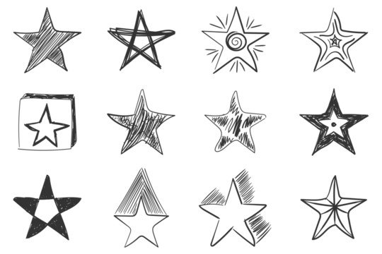PNG, Hand Drawn star doodles set. Sketch style icons. Set of black handmade stars in doodle style on a white background.