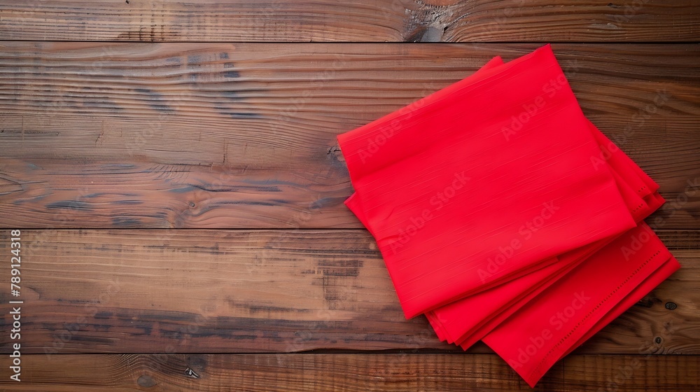 Poster top view with red empty kitchen napkin isolated on table background Folded cloth for mockup with copy space Flat lay Minimal style : Generative AI