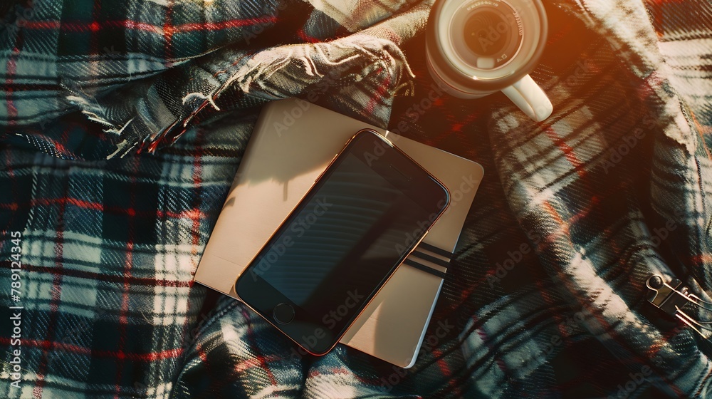 Poster flat lay of cellphone on blanket plaid with notebooks blank copy space mockup template screen displa