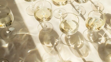 Summer party drinks flat lay wine glasses with white sparkling wine and sunshine shadow on light table Minimal pattern with beautiful wine glasses above view still life beige golden ne : Generative AI - obrazy, fototapety, plakaty