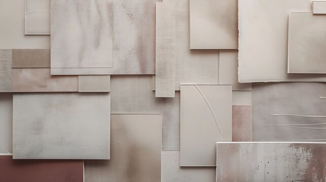 Creative flat lay composition with textile and paint samples panels and cement tiles Stylish interior designer moodboard Light beige and gray color palette Copy space Template : Generative AI