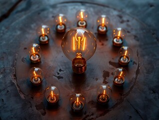 Illuminated Bulb in Captivating Circle of Darkness Symbolizing Central Leadership Role and Innovative Ideas