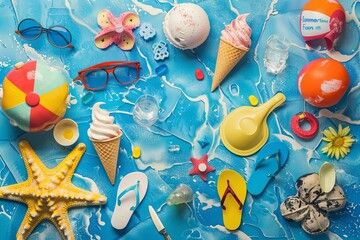 Summertime Fun: A playful collage of summer-themed elements, such as ice cream cones, sunglasses, beach balls, and flip-flops, arranged in a colorful and whimsical composition - obrazy, fototapety, plakaty