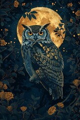 Luxurious art background featuring a poised owl in a lush night forest under the moonlight, all beautifully delineated in fine golden line art, symbolizing wisdom and the quiet of the night