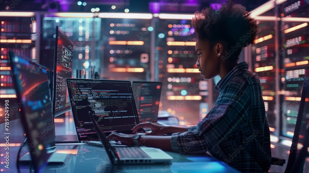 Aufkleber An African-American technician at the data center ensures continuous monitoring and verification of the effectiveness of data protection systems to prevent possible threats and security breaches.
