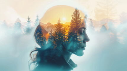 Double exposure of woman's face with closed eyes silhouetted against the forest background.