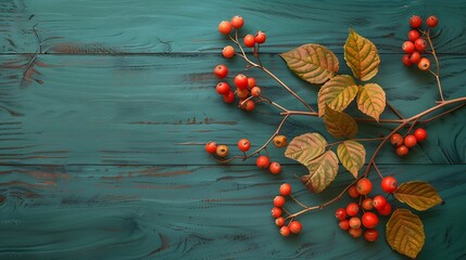 Two branches of autumn leaves Spiraea Vanhouttei and small red fruits Rowans on a dark bluegreen painted wooden background : Generative AI - obrazy, fototapety, plakaty