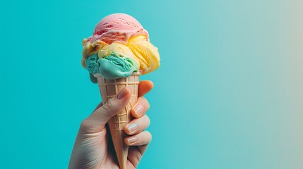 Artistic depiction of a hand clutching a colorful homemade ice cream against a stark isolated background, enhancing the visual appeal for ads - obrazy, fototapety, plakaty