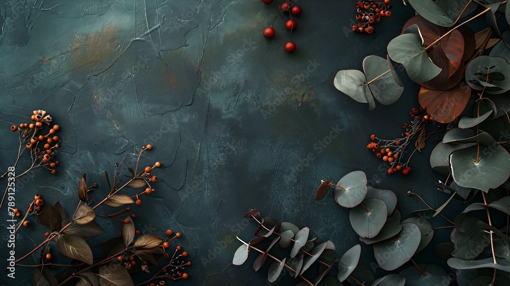 Aufkleber autumnalwinter concept with dried flowers branches of eucalyptus leaves and berries on dark backgrou
