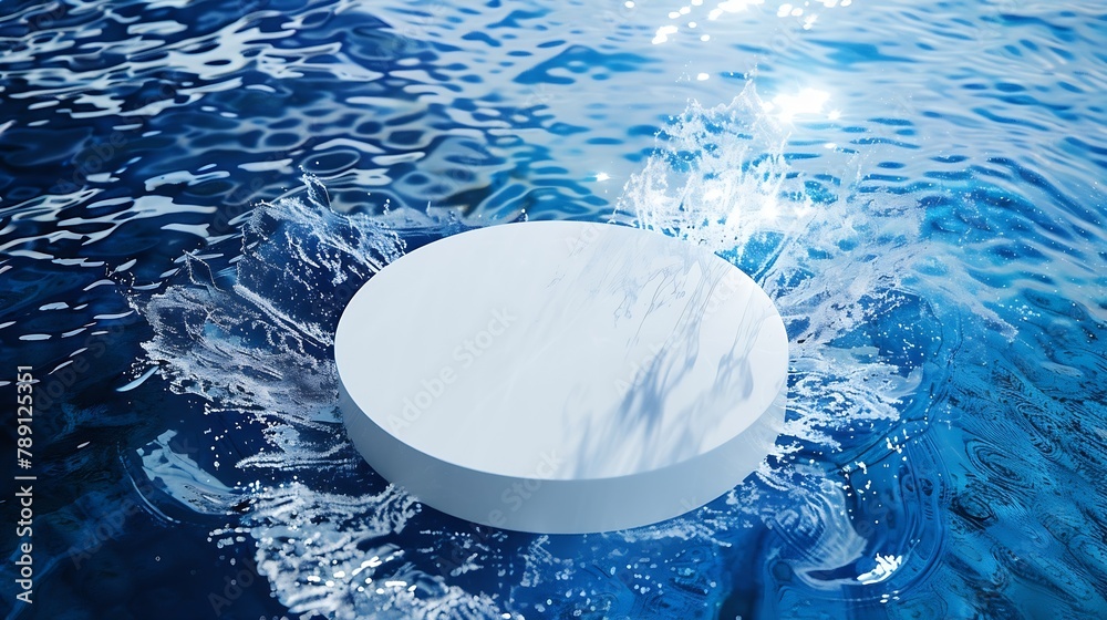Fototapete empty white circle podium on transparent clear dark blue water texture with splashes and waves in su