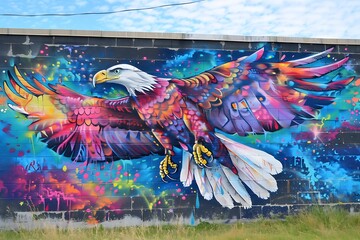 : A graffiti mural of a soaring eagle,