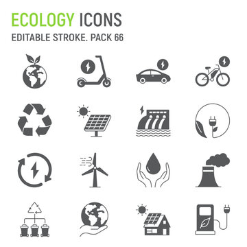Ecology glyph icon set, environment conservation collection, vector graphics, logo illustrations, renewable energy vector icons, ecological energy signs, solid pictograms, editable stroke