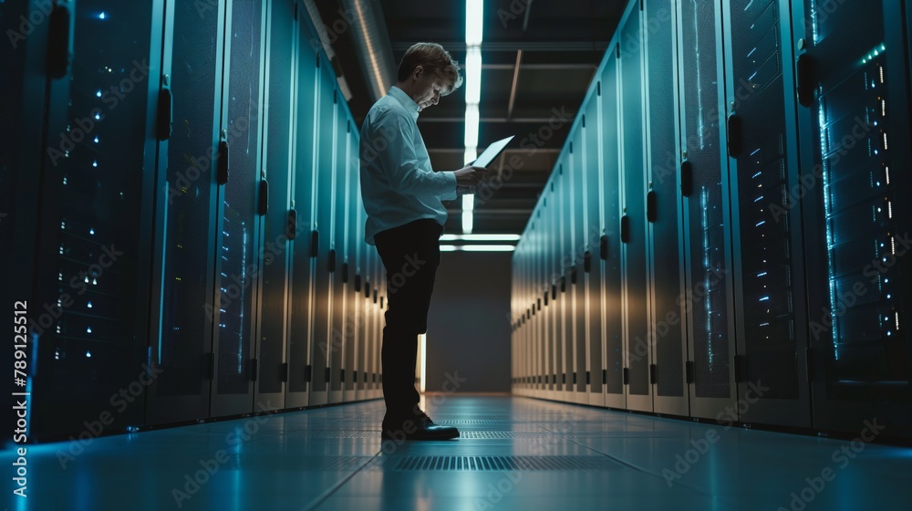 Poster The male engineer is actively engaged in data center analysis and verification, looking for opportunities to improve and optimize work processes.