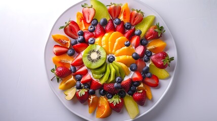  A vibrant fruit salad arranged elegantly on a white plate, radiating freshness and health. 
