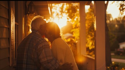 Elderly couple enjoying a serene sunset moment together on a home porch