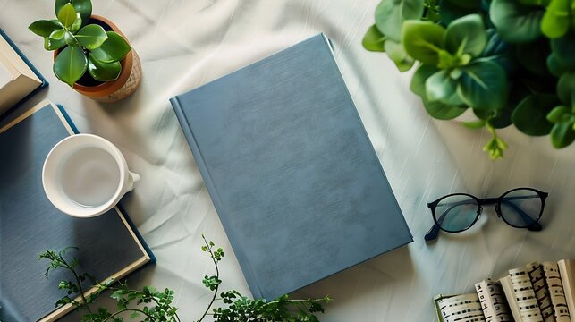 Blank book cover for mock up  flat lay with books drink plant and reading glasses : Generative AI