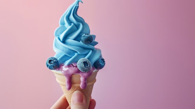 Creative ad photo featuring a hand holding a dripping two-tone ice cream, blueberry and cream, on an isolated backdrop, crisp studio lighting