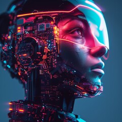 Intricate robotic figure adorned with glowing circuits and a large blank space, perfect for showcasing futuristic concepts