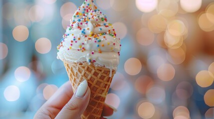 Detailed close-up of a hand and a homemade ice cream with sprinkles, focused lighting against an isolated background, ideal for promotional use